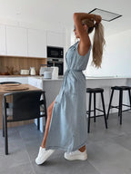 Denim midi jurk met ceintuur en knopen voor dames