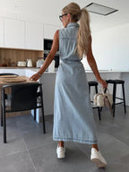 Denim midi jurk met ceintuur en knopen voor dames