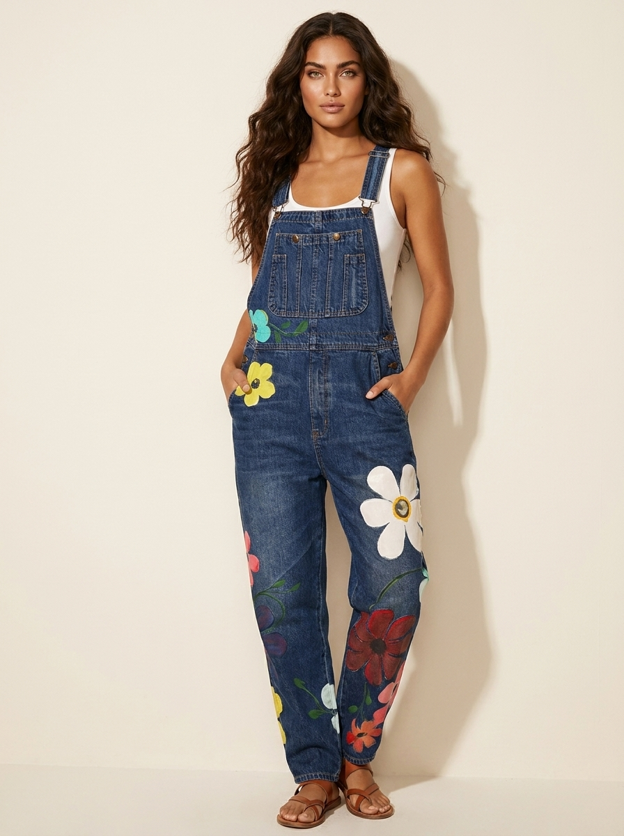 Denim tuinbroek met bloemenprint voor dames in blauw