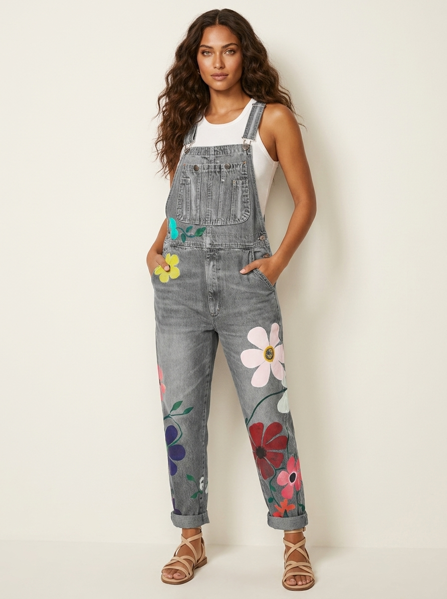 Denim tuinbroek met bloemenprint voor dames in grijs