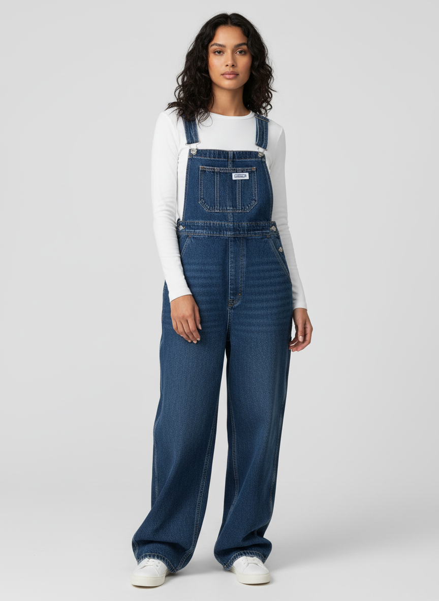 Denim tuinbroek met wijde pijpen en verstelbare bandjes voor dames in blauw