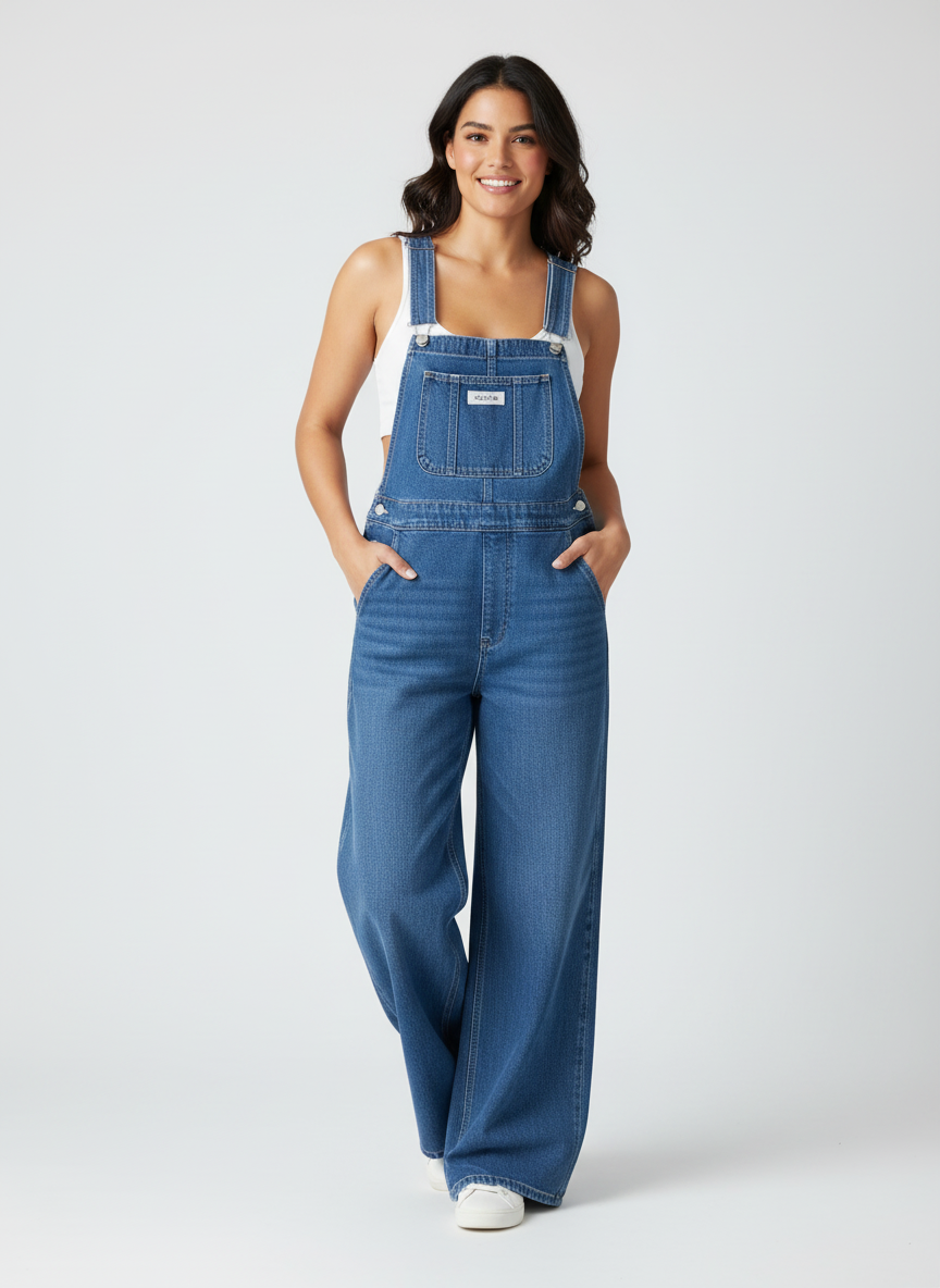 Denim tuinbroek met wijde pijpen en verstelbare bandjes voor dames in blauw