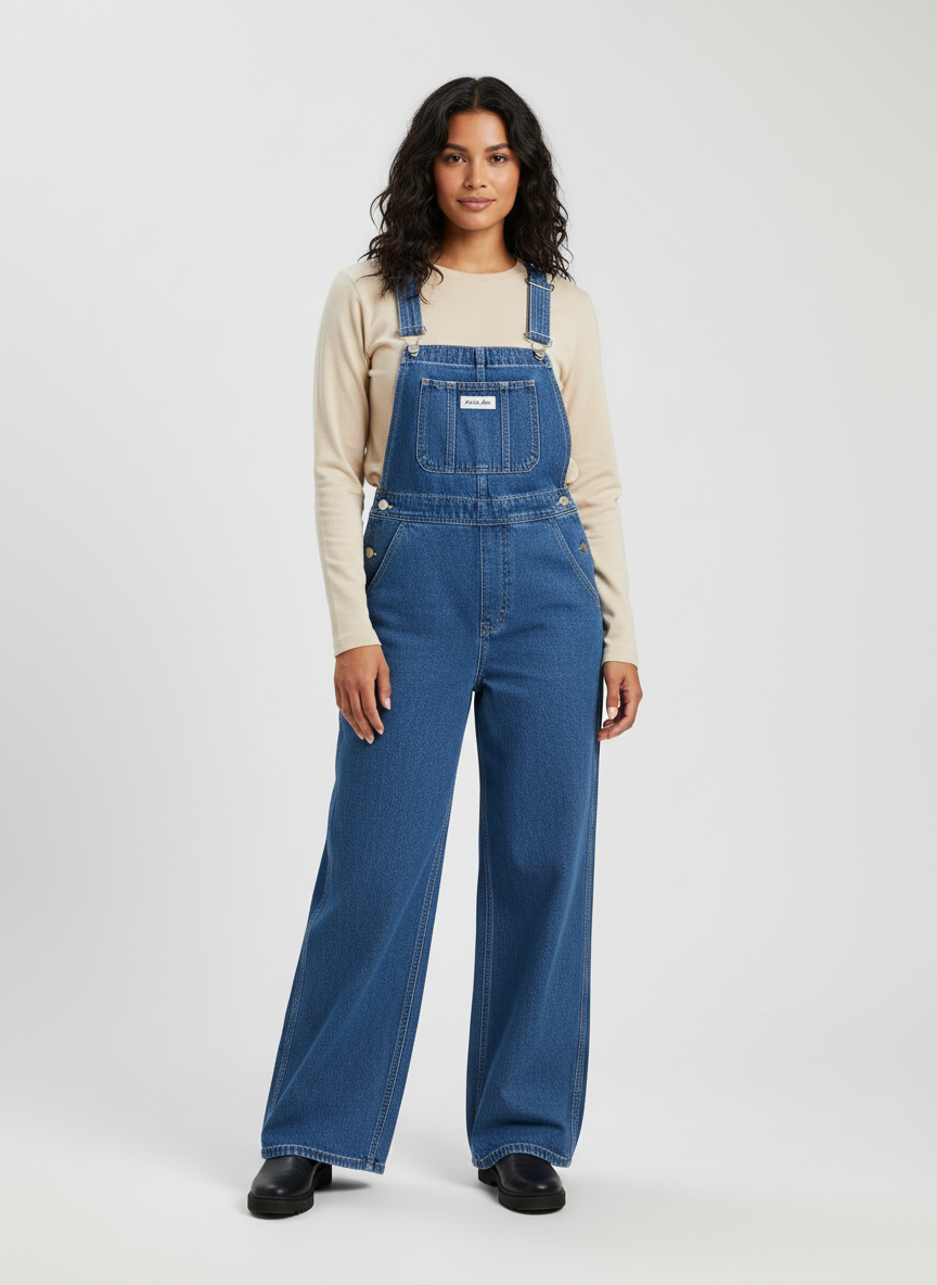 Denim tuinbroek met wijde pijpen en verstelbare bandjes voor dames in blauw