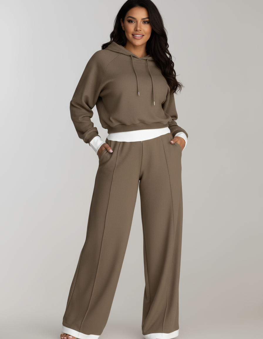 Loungeset met cropped hoodie en wide-leg broek voor dames in bruin