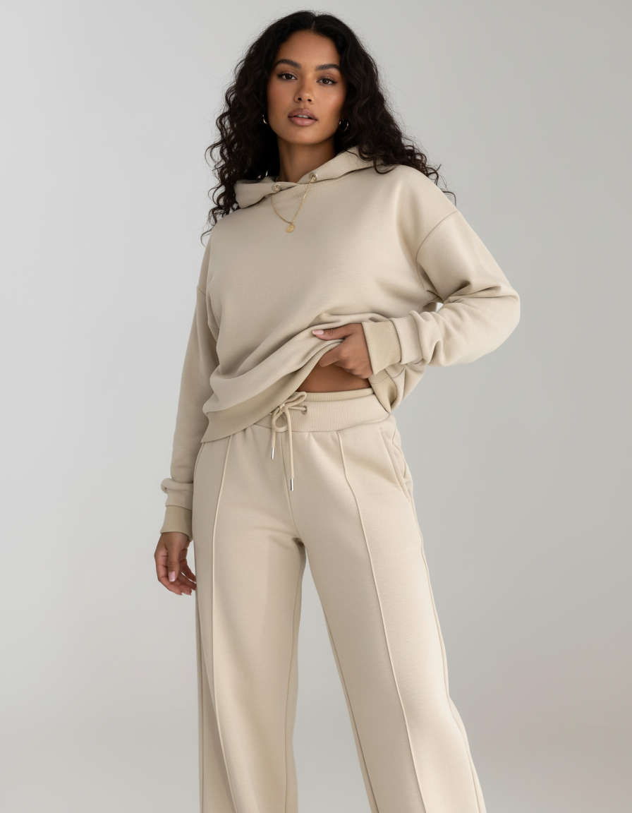 Loungeset met cropped hoodie en wide-leg broek voor dames in beige