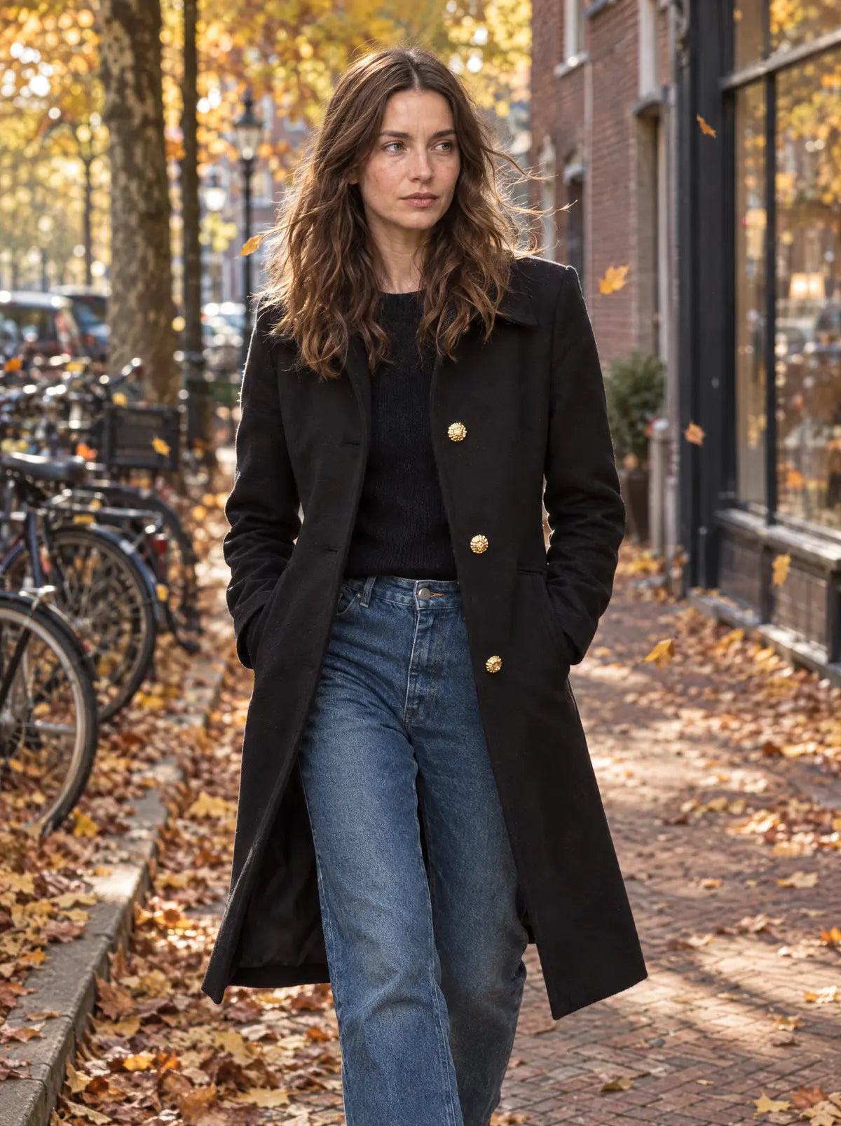Vrouw draagt een zwarte getailleerde mantel met gouden knopen over een jeans op een straat met herfstbladeren