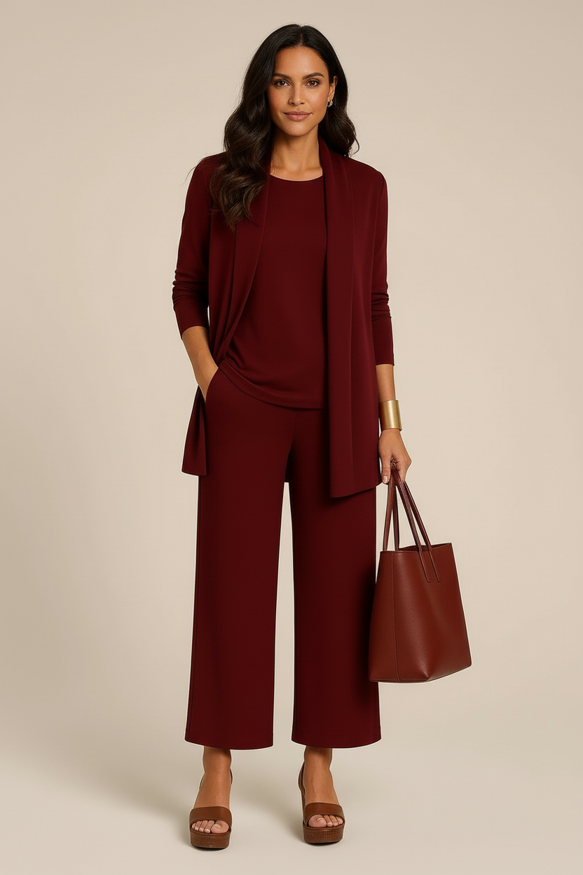 Driedelig pak met blazer, top en wijde pantalon in rood