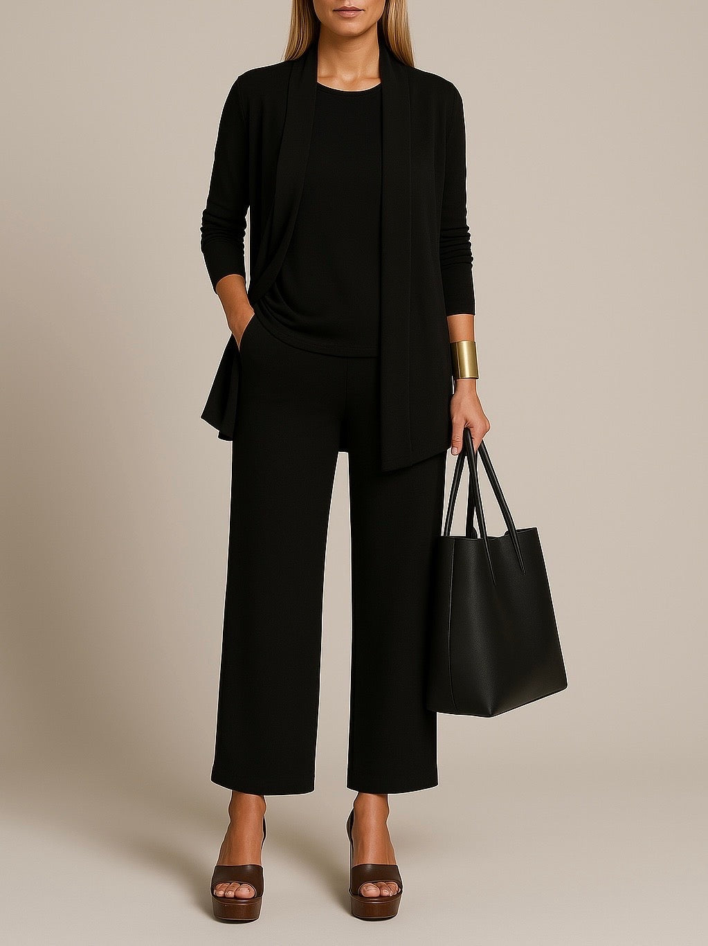 Driedelig pak met blazer, top en wijde pantalon