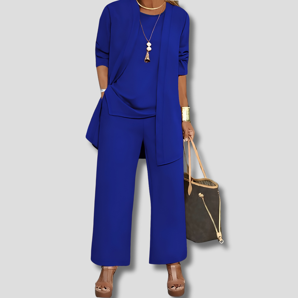 Driedelig pak met blazer, top en wijde pantalon in blauw