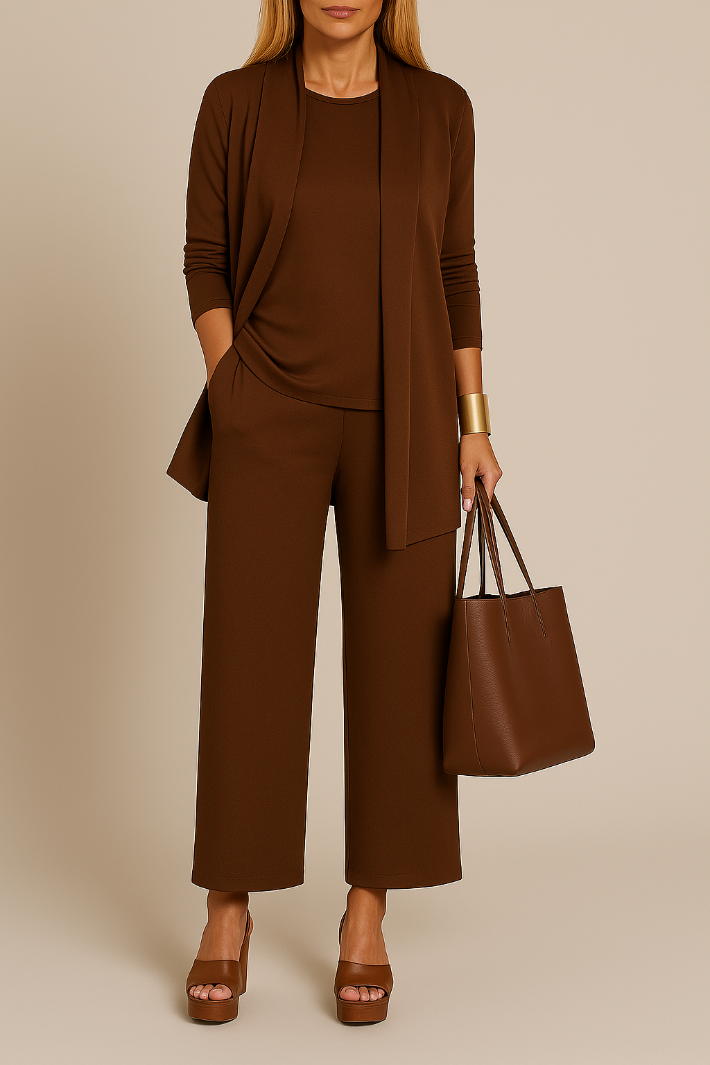 Driedelig pak met blazer, top en wijde pantalon in bruin