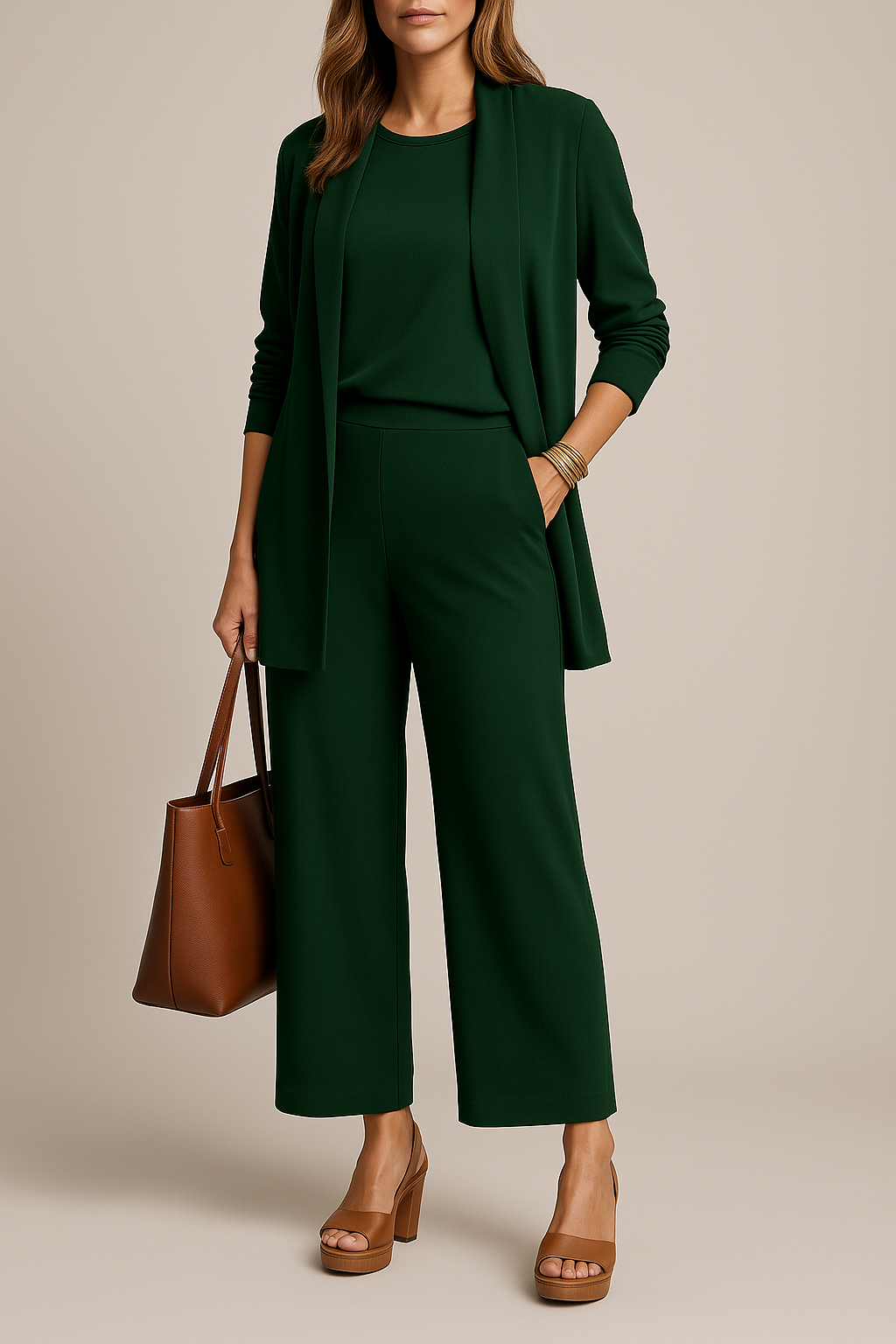 Driedelig pak met blazer, top en wijde pantalon in groen