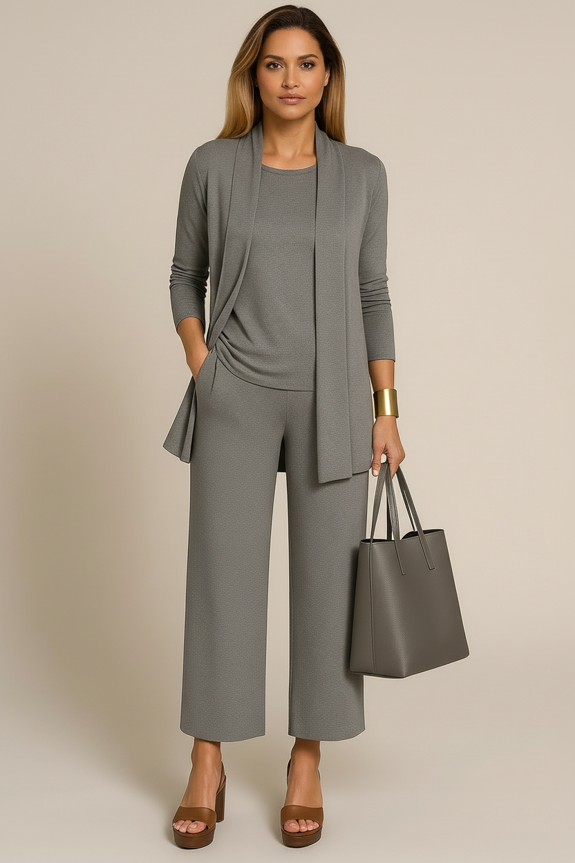 Driedelig pak met blazer, top en wijde pantalon in grijs