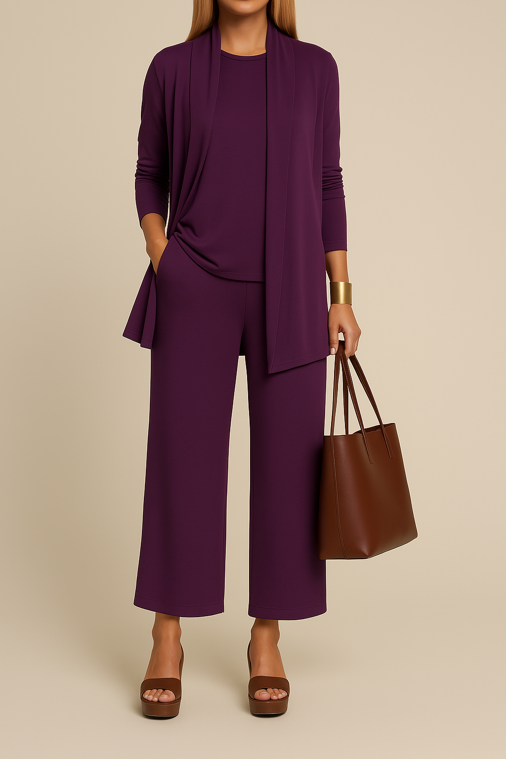 Driedelig pak met blazer, top en wijde pantalon in paars