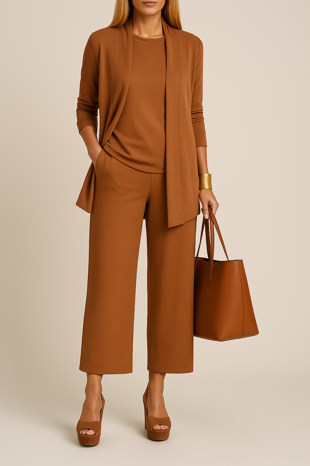 Driedelig pak met blazer, top en wijde pantalon in lichtbruin