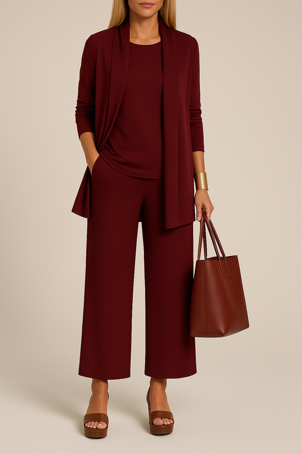 Driedelig pak met blazer, top en wijde pantalon