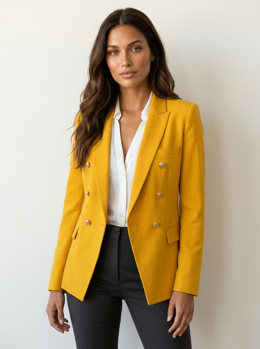 Dubbelrijige blazer met goudkleurige knopen voor dames in geel