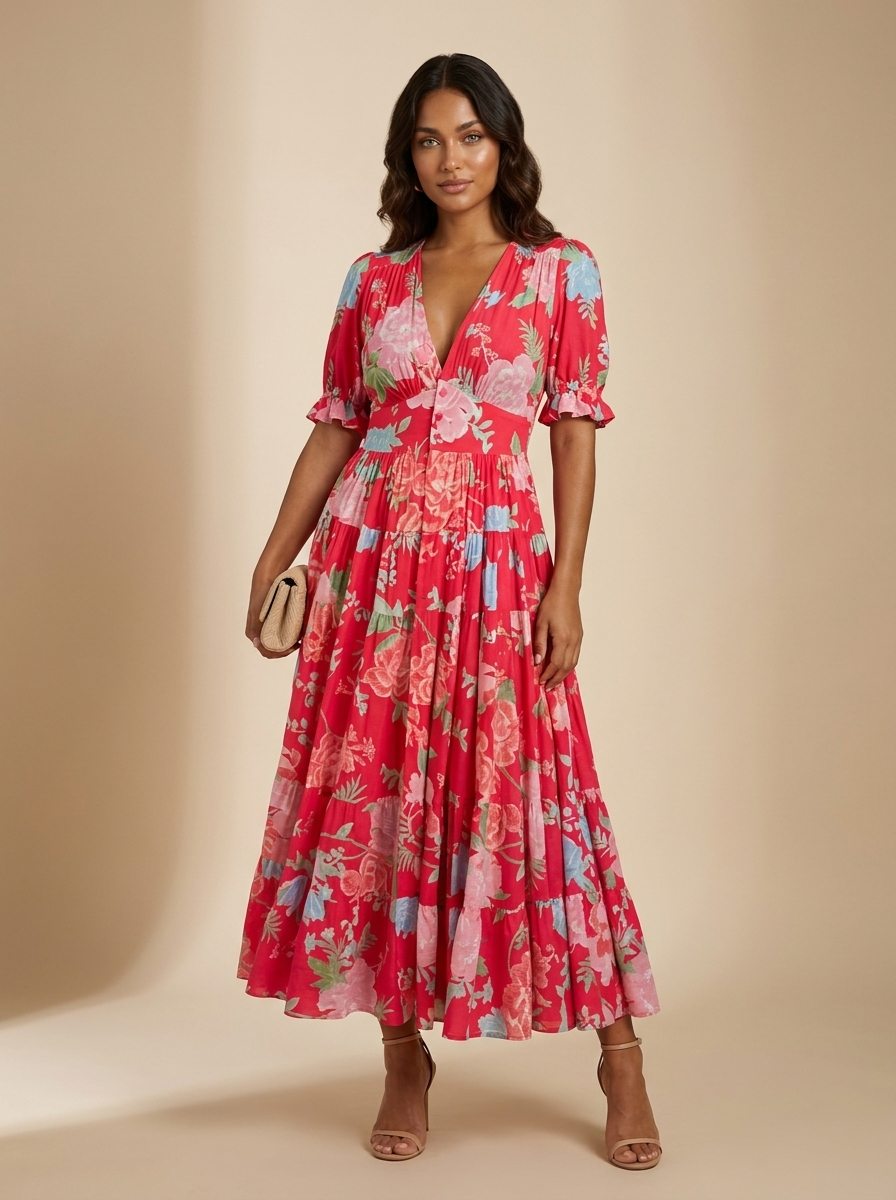 Elegante bloemen maxi jurk met V-hals voor dames in rood