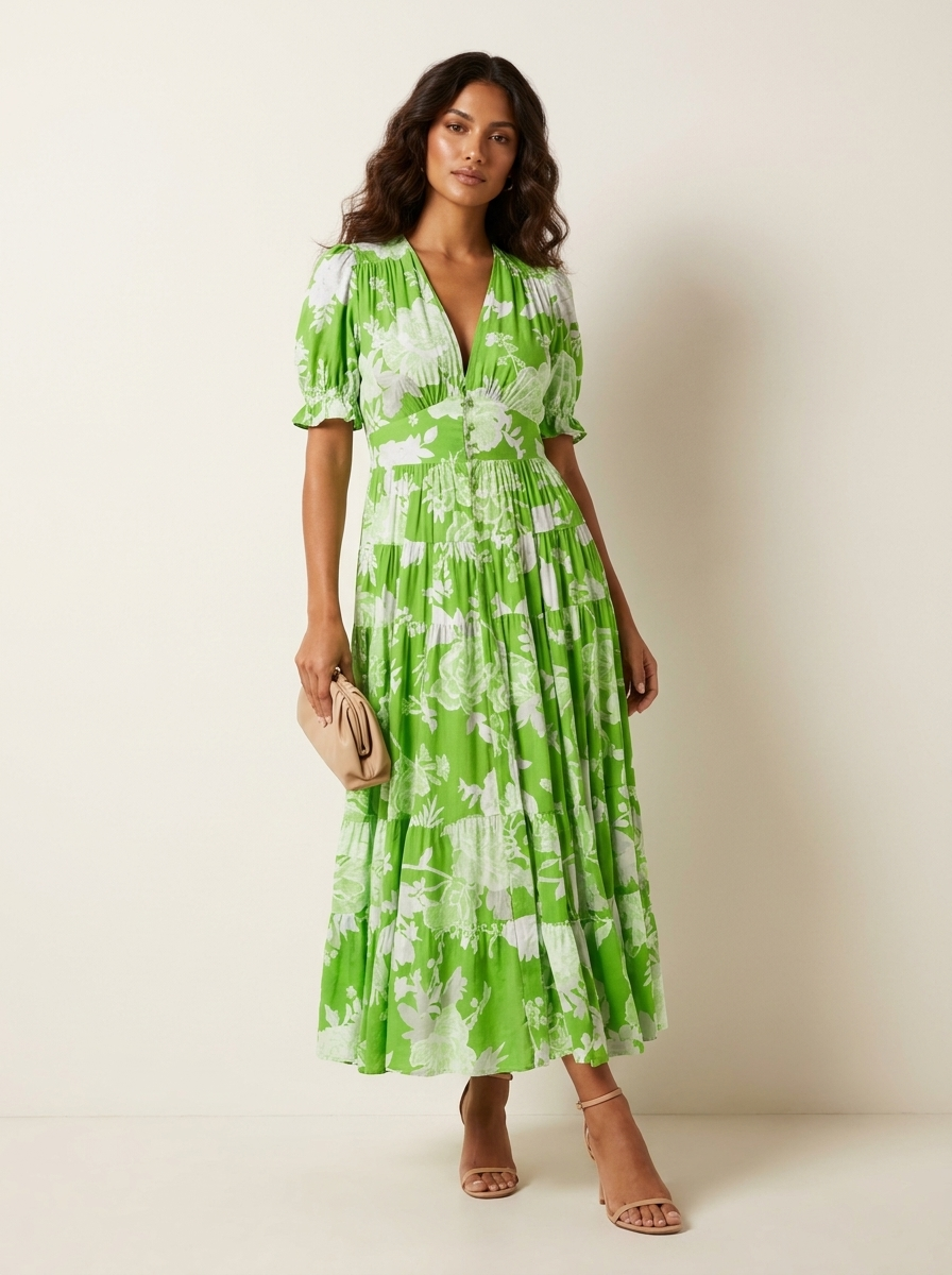 Elegante bloemen maxi jurk met V-hals voor dames in groen
