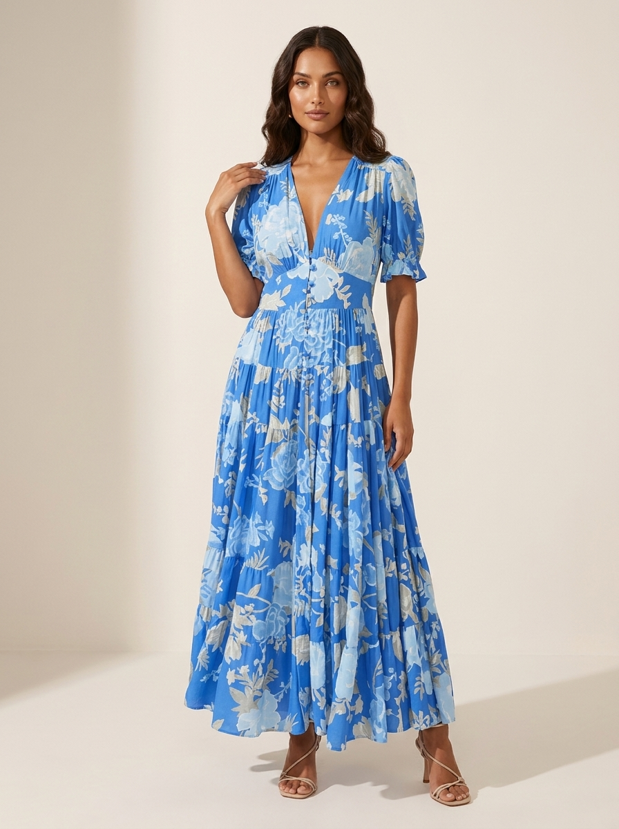 Elegante bloemen maxi jurk met V-hals voor dames in blauw