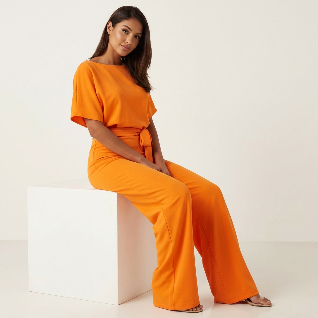 Elegante jumpsuit met tailleceintuur en rechte pijpen voor dames in oranje