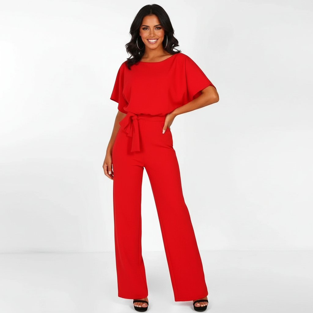 Elegante jumpsuit met tailleceintuur en rechte pijpen voor dames in rood