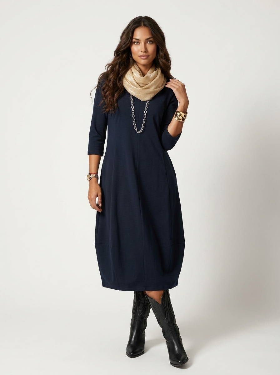 Elegante midi jurk met sjaalkraag in marineblauw