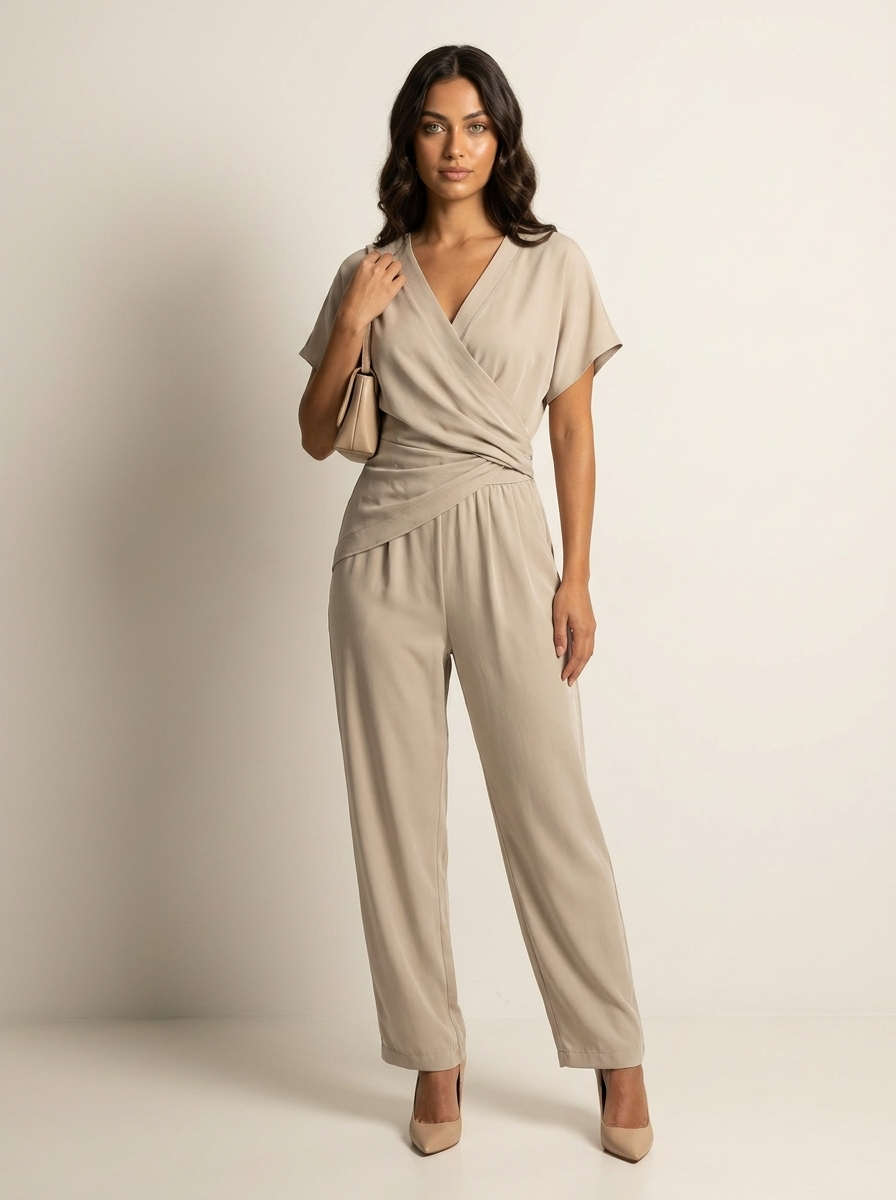 Elegante overslag jumpsuit met wijde pijpen voor dames in kaki