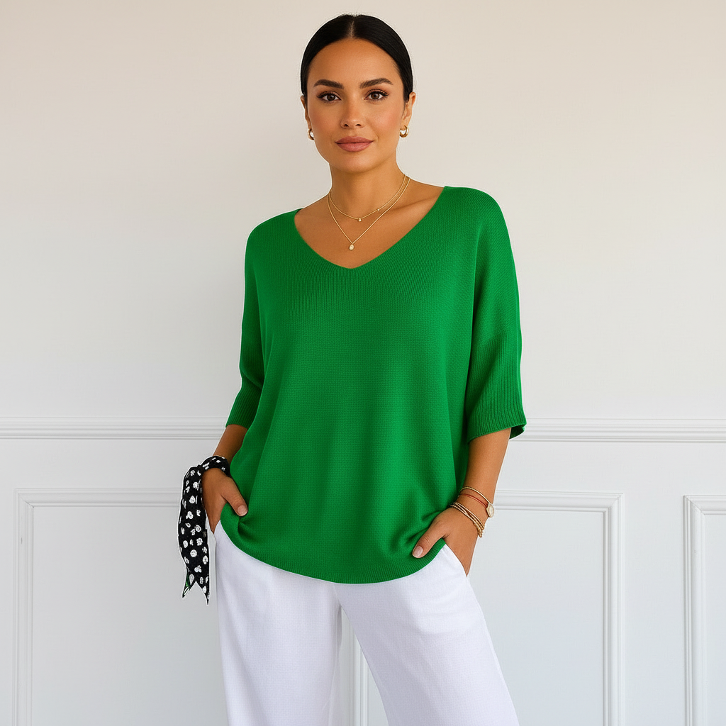 Fijngebreide trui met V-hals en ribboord in groen