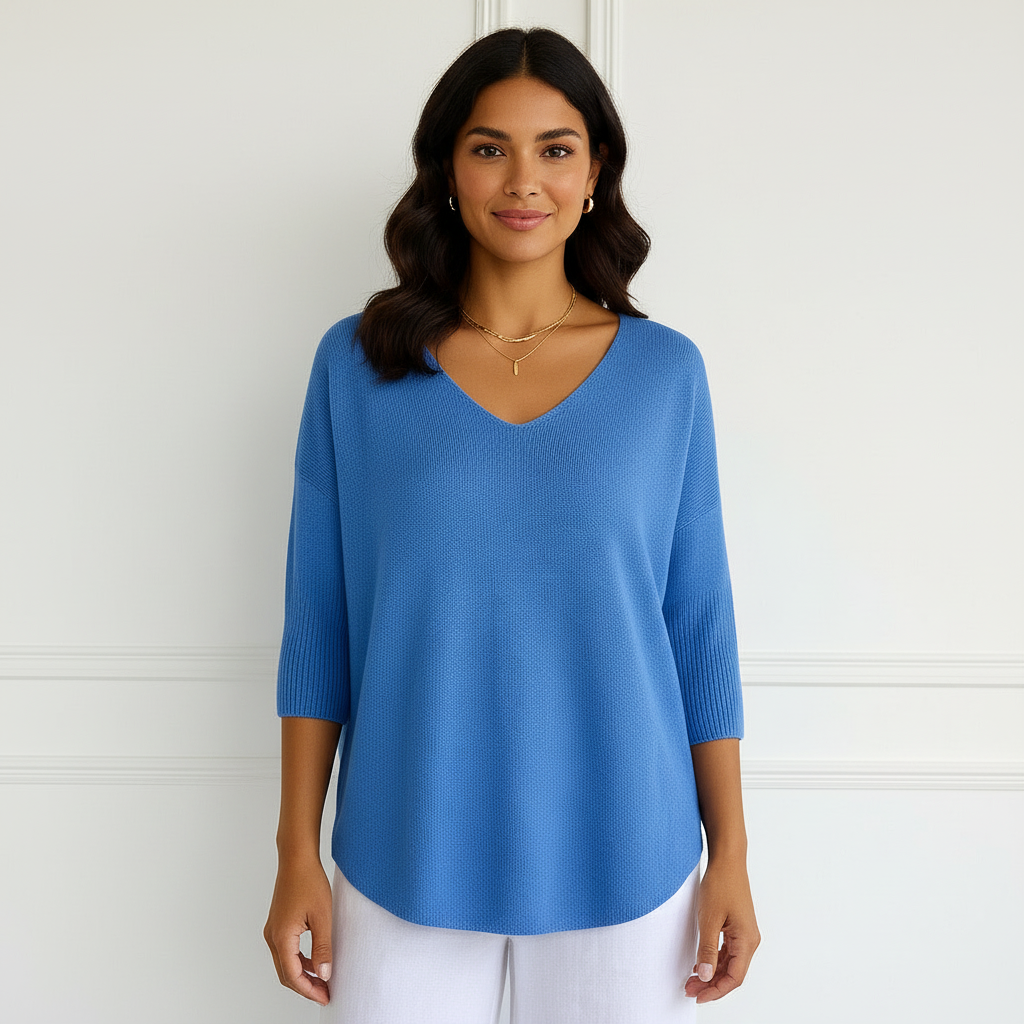 Fijngebreide trui met V-hals en ribboord in blauw