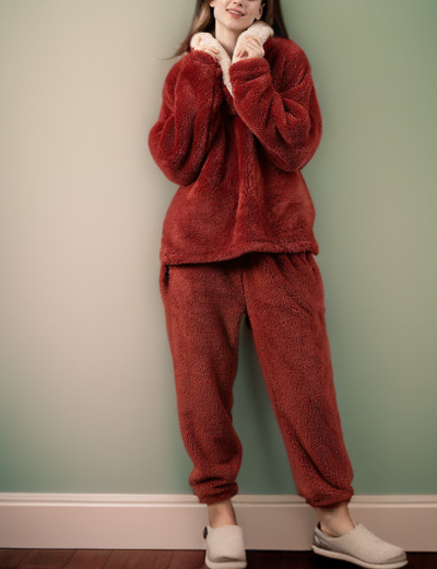 Fleece pyjamaset met ronde hals en elastische tailleband voor dames