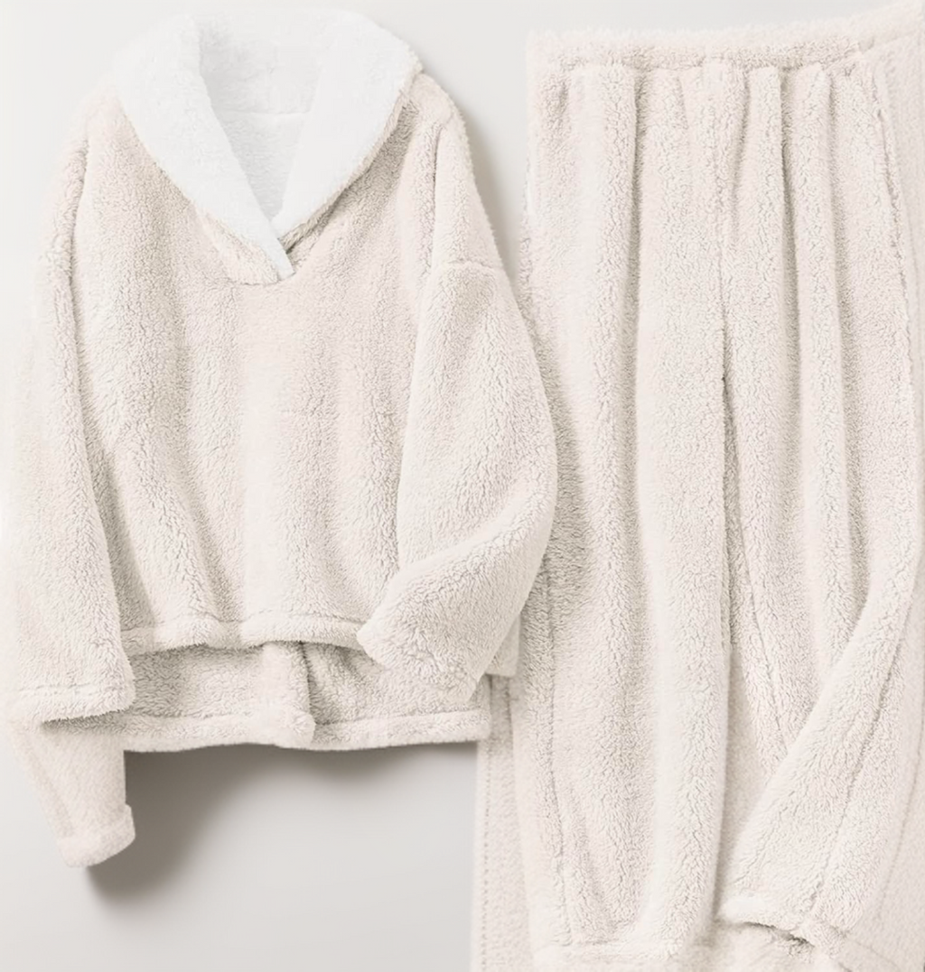 Fleece pyjamaset met ronde hals en elastische tailleband voor dames in beige