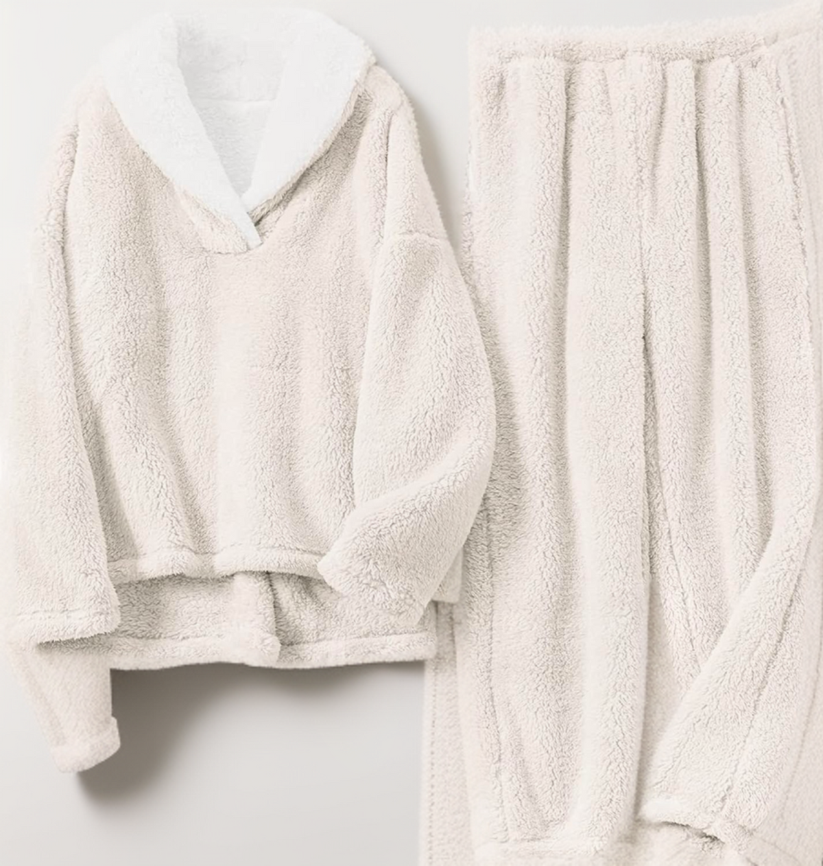 Fleece pyjamaset met ronde hals en elastische tailleband voor dames in beige