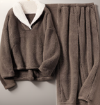 Fleece pyjamaset met ronde hals en elastische tailleband voor dames in bruin
