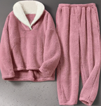 Fleece pyjamaset met ronde hals en elastische tailleband voor dames in roze