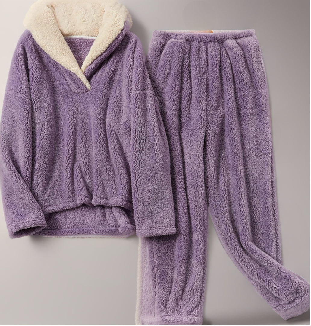 Fleece pyjamaset met ronde hals en elastische tailleband voor dames in paars