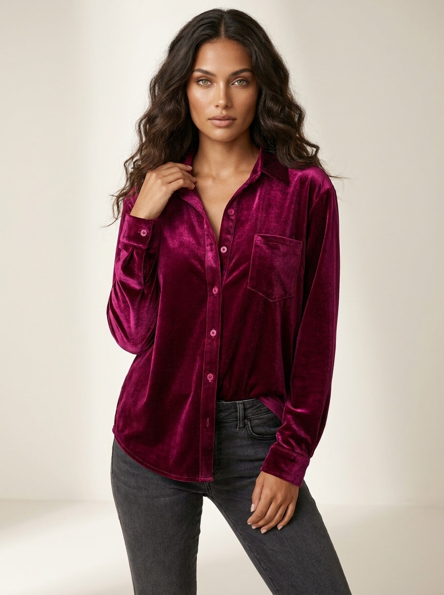 Fluwelen dames blouse met knoopsluiting in rood
