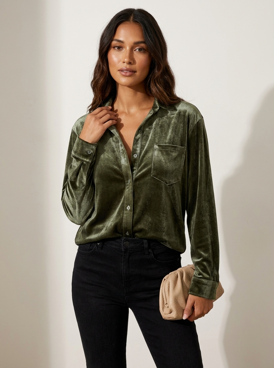 Fluwelen dames blouse met knoopsluiting in groen