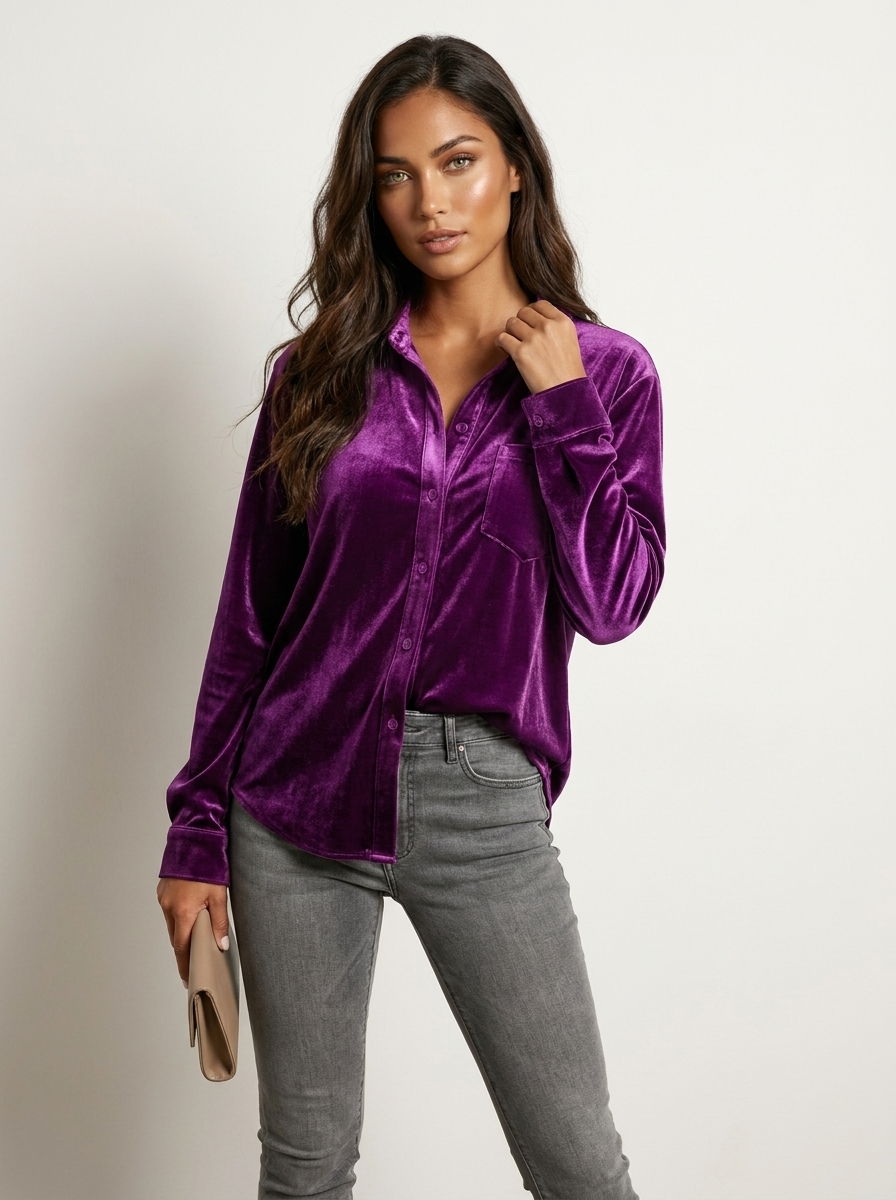 Fluwelen dames blouse met knoopsluiting in paars