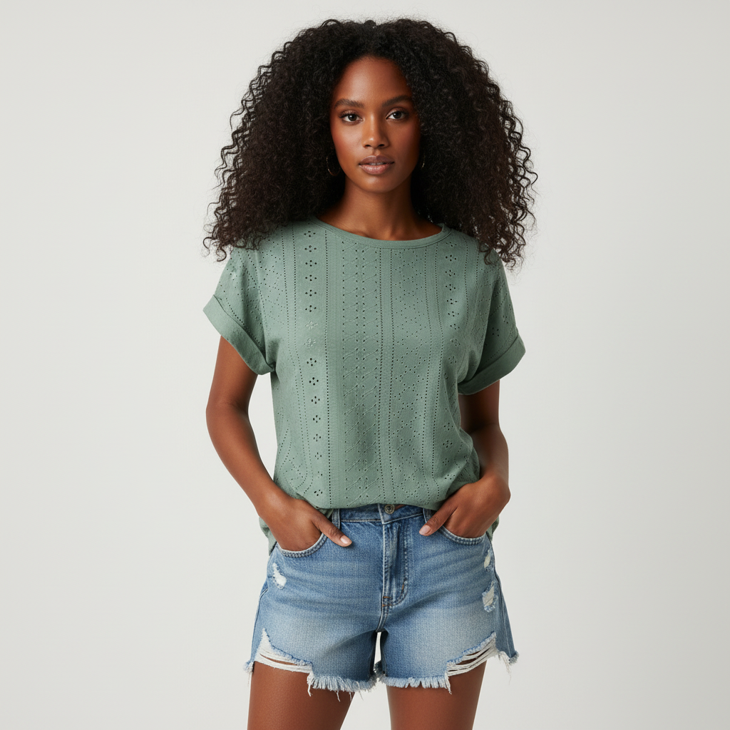 Geborduurde top met korte mouwen in groen