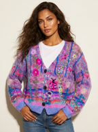 Gebreid vest met bloemenprint en knoopsluiting voor dames in paars