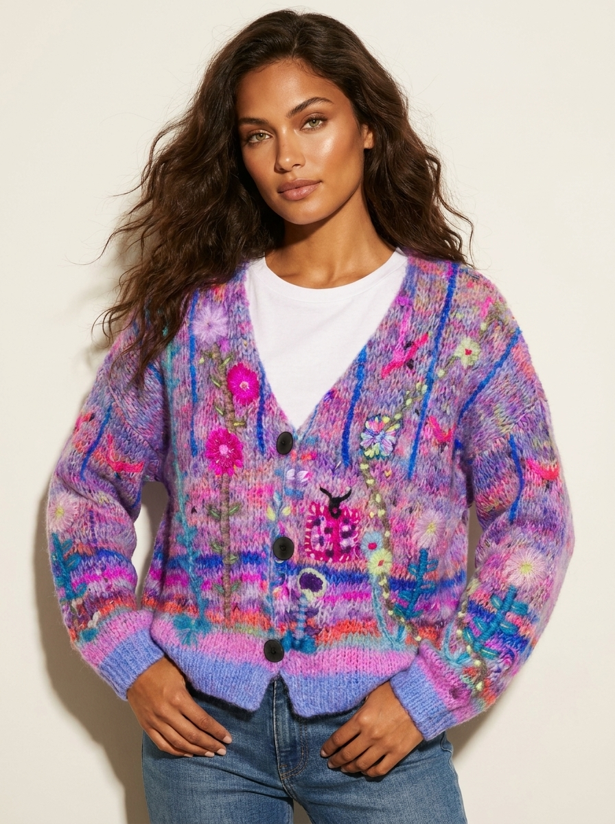 Gebreid vest met bloemenprint en knoopsluiting voor dames in paars