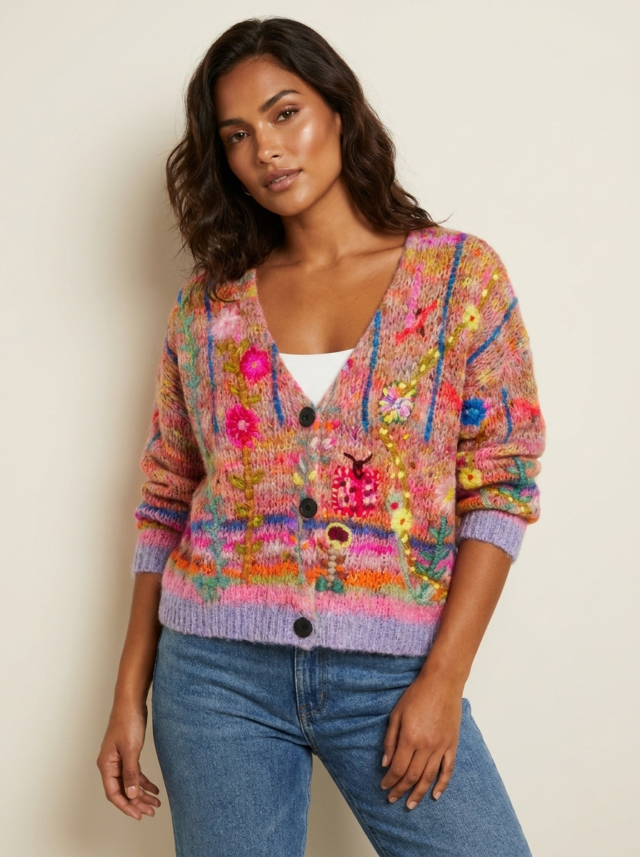 Gebreid vest met bloemenprint en knoopsluiting voor dames in roze