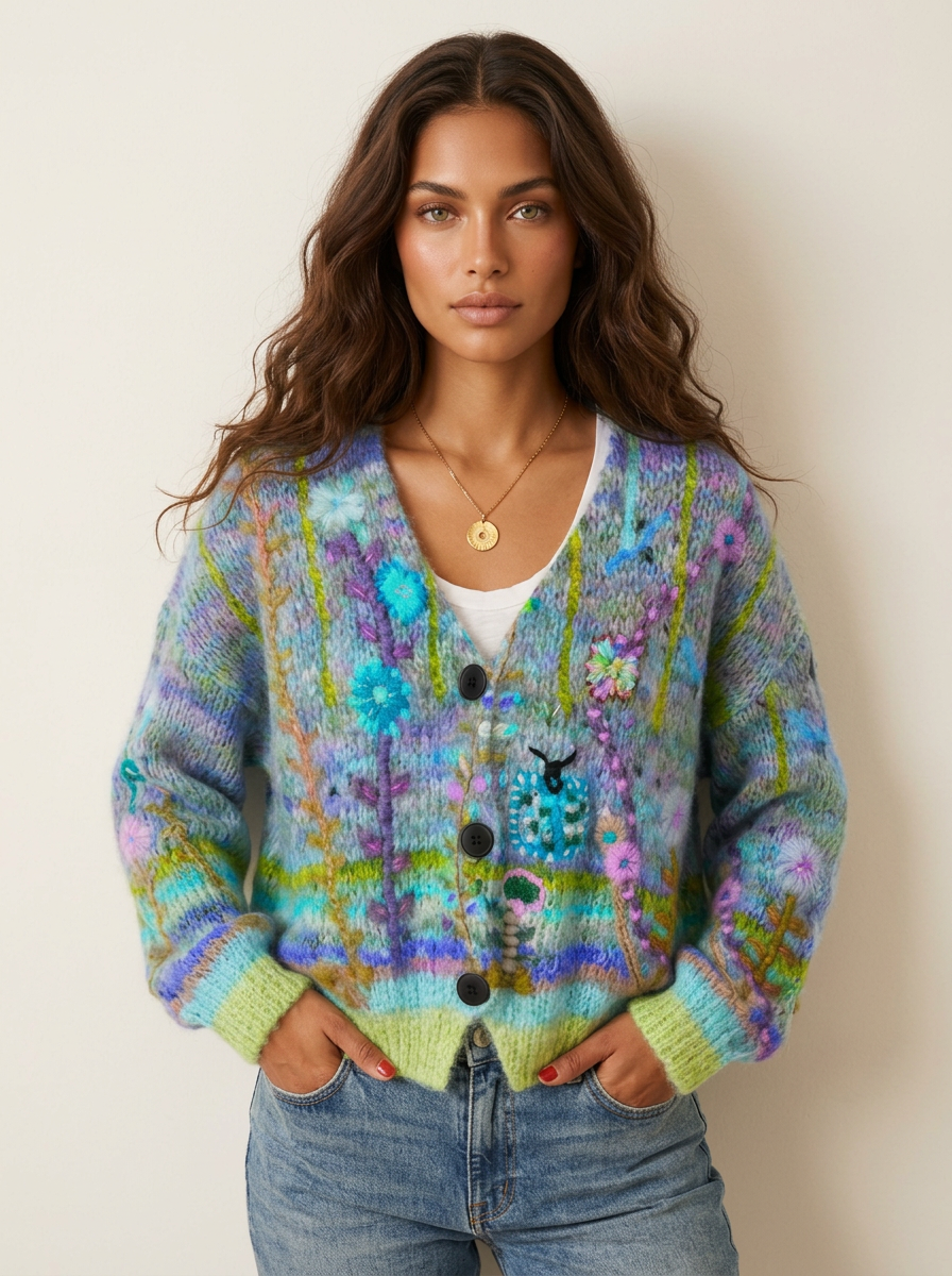 Gebreid vest met bloemenprint en knoopsluiting voor dames in groen