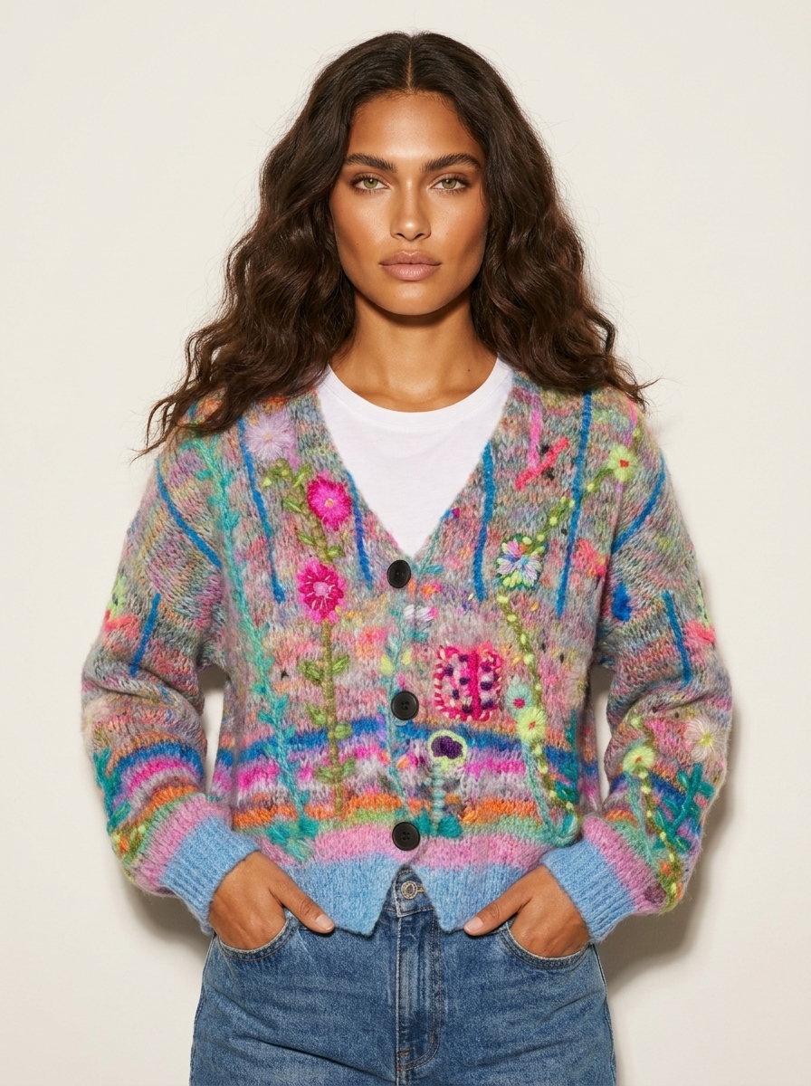 Gebreid vest met bloemenprint en knoopsluiting voor dames in blauw