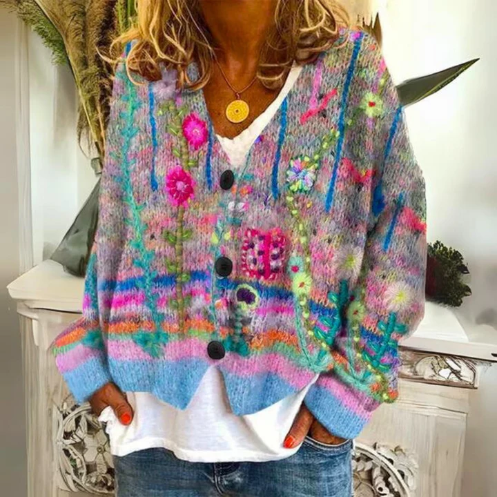 Gebreid vest met bloemenprint en knoopsluiting voor dames