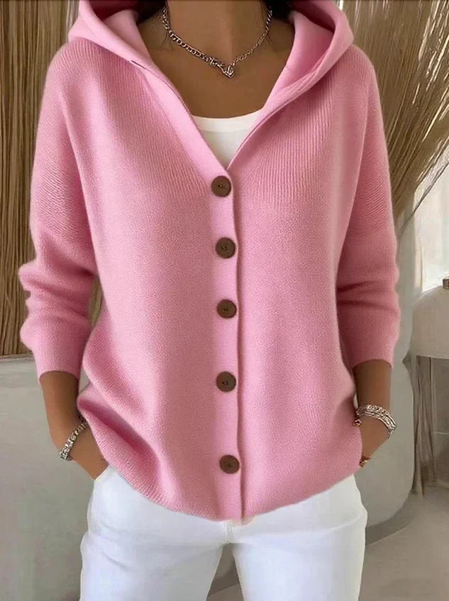 Gebreid vest met capuchon en knoopsluiting voor dames in roze