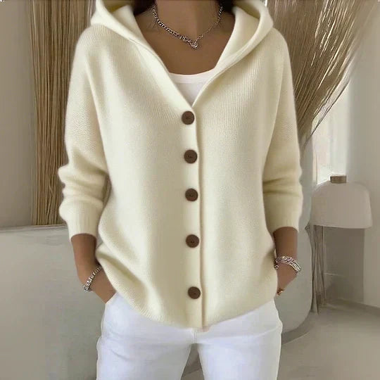 Gebreid vest met capuchon en knoopsluiting voor dames in beige