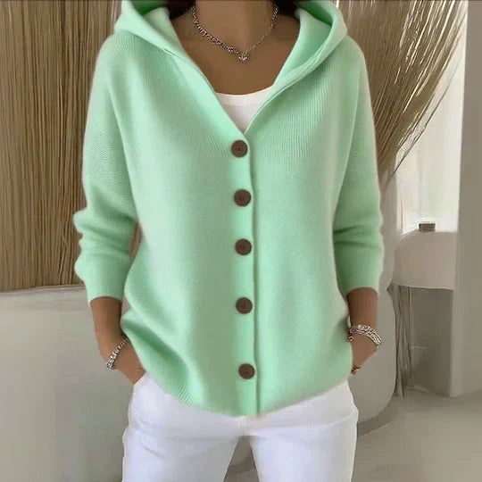 Gebreid vest met capuchon en knoopsluiting voor dames in groen