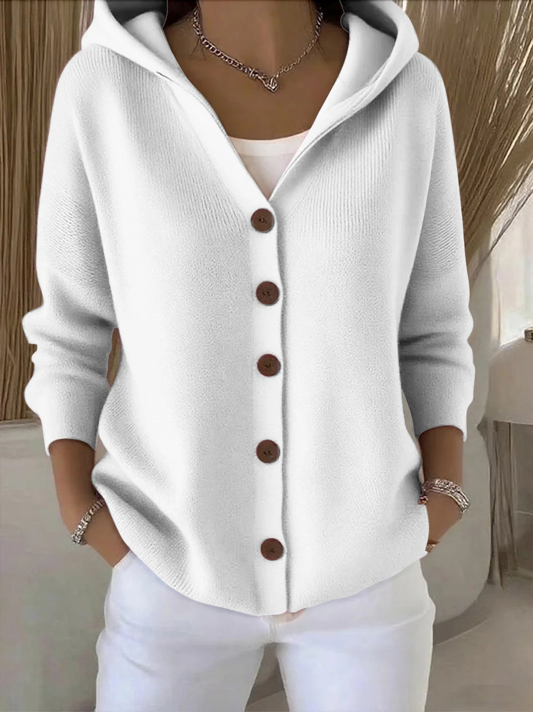 Gebreid vest met capuchon en knoopsluiting voor dames in grijs