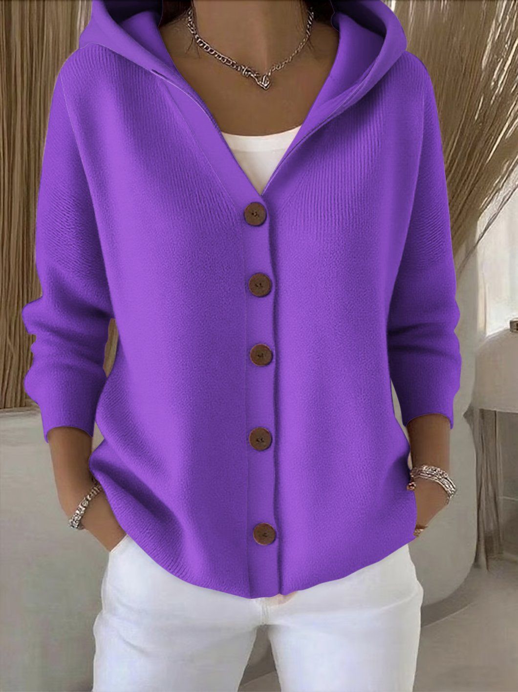 Gebreid vest met capuchon en knoopsluiting voor dames in paars